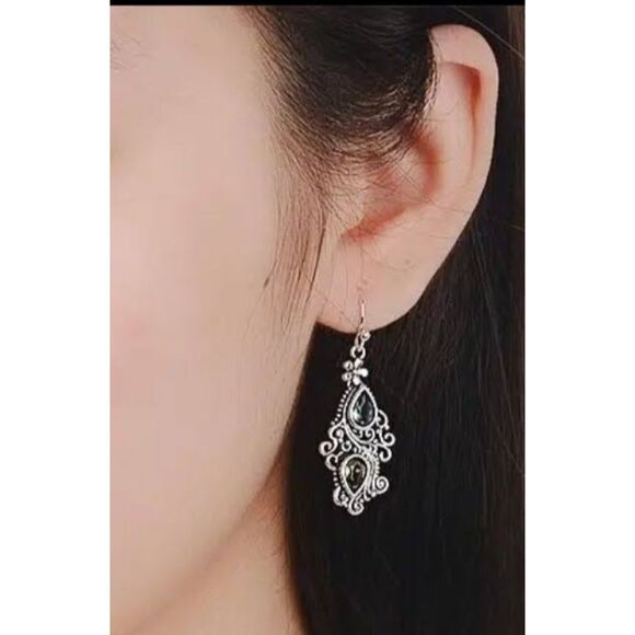 Blue  Yellow Pear Shaped Topaz Filigree Silver Alloy Earrings French Wire Dangle - Picture 2 of 4